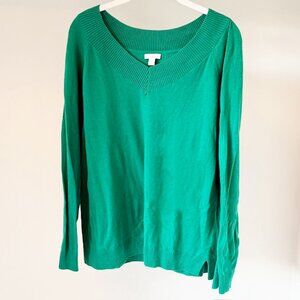 J. JILL V-Neck Sweater Women's L Green Relaxed Fit Ribbed Neckline